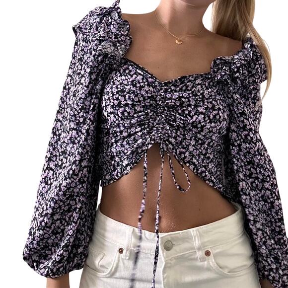 Zara Tops - Zara Purple Floral Ruffle Long Sleeve Drawstring Ruched Crop Top Size S